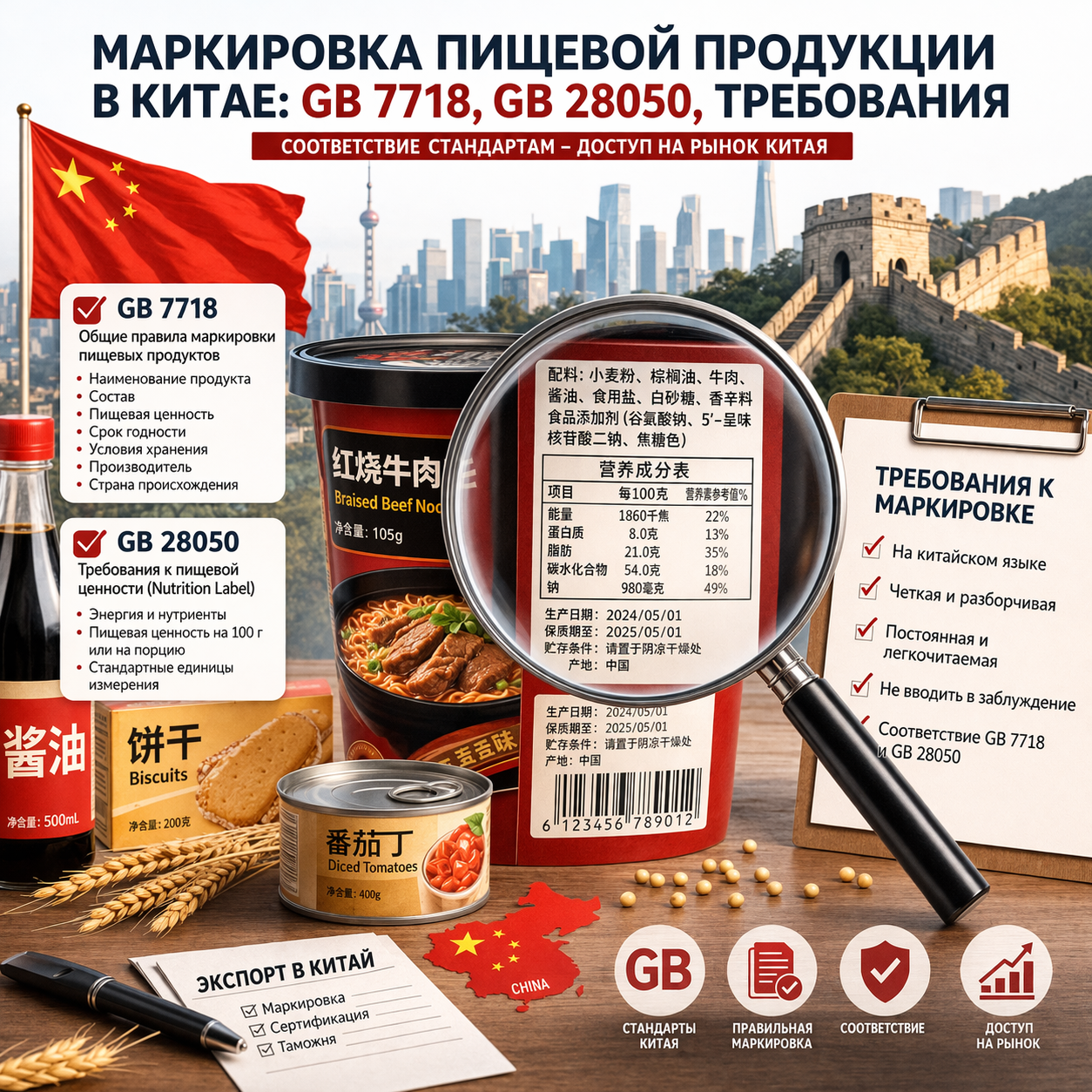 Маркировка пищевой продукции в Китае: GB 7718, GB 28050, требования