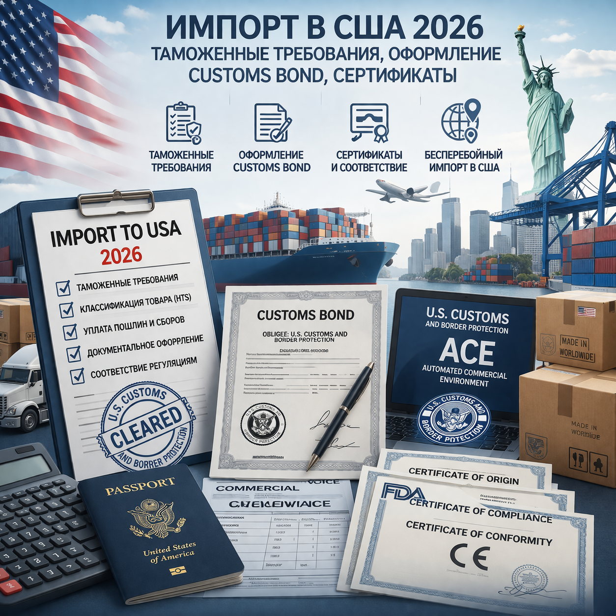 Импорт в США 2026: таможенные требования, оформление Customs Bond, сертификаты