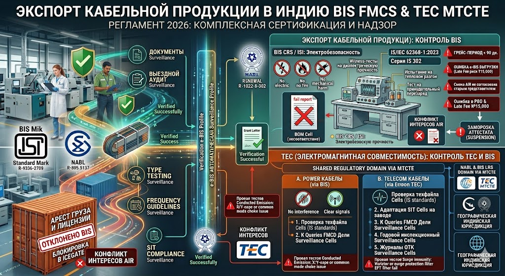 Экспорт кабельной продукции в Индию: сертификация BIS FMCS, стандарты и прохождение выездного аудита в 2026 году